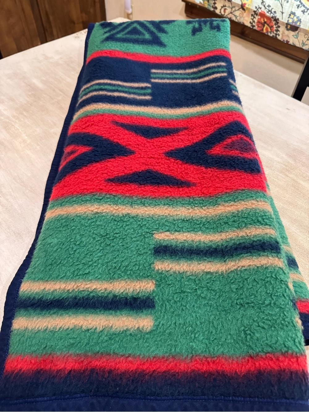 Vintage Biederlack Fleece Aztec Blanket 75 x 55 Navy Red Green Beige. Gorgeous